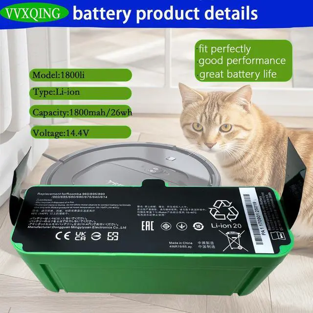 Alt view image 2 of 5 - VVXQING 1800LI 26Wh Battery Replacement for Roomba 640 620 615 614 600 790 780 770 761 760 700 800 880 871 870 860 800 980 966 965 960 900 14.4V 1800mAh