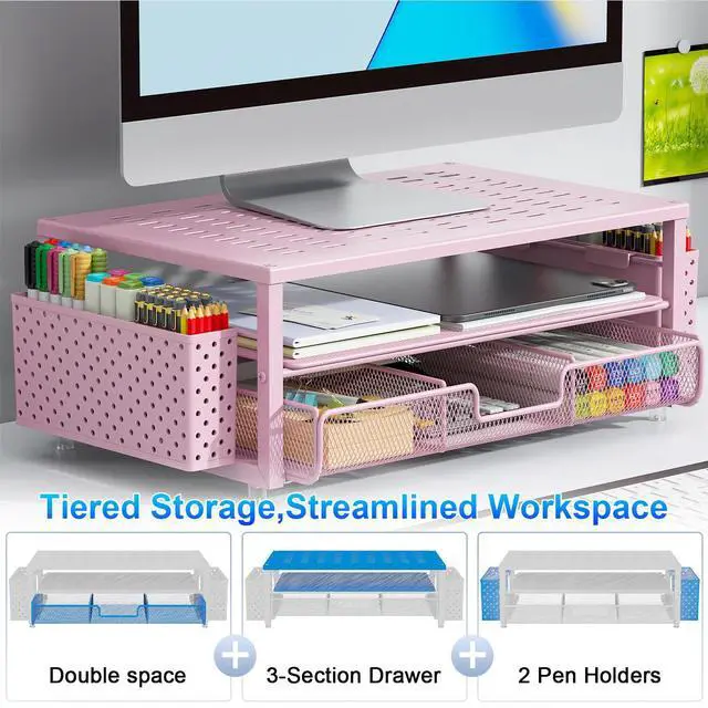Alt view image 2 of 5 - gianotter Desk Organizers and Accessories, Monitor Stand with Drawer and 2 Pen Holder, Desktop Organizer Suitable for Offices and Dormitories (Pink)