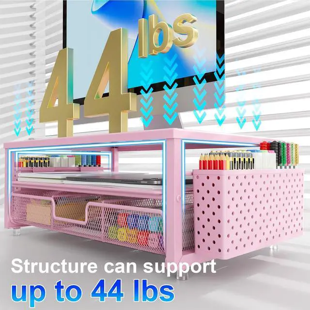 Alt view image 3 of 5 - gianotter Desk Organizers and Accessories, Monitor Stand with Drawer and 2 Pen Holder, Desktop Organizer Suitable for Offices and Dormitories (Pink)