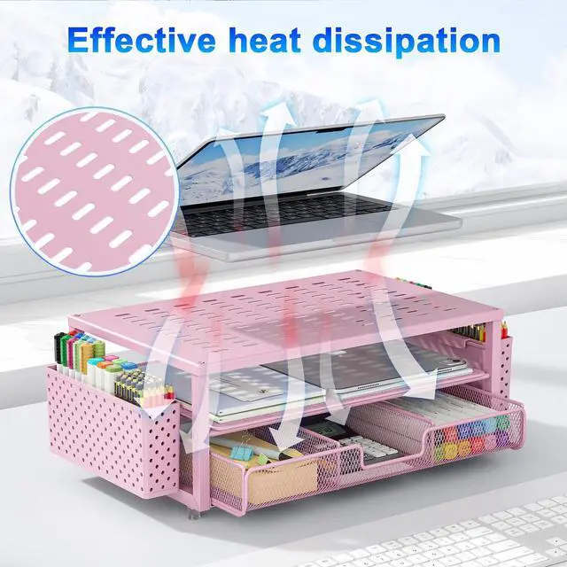 Alt view image 5 of 5 - gianotter Desk Organizers and Accessories, Monitor Stand with Drawer and 2 Pen Holder, Desktop Organizer Suitable for Offices and Dormitories (Pink)