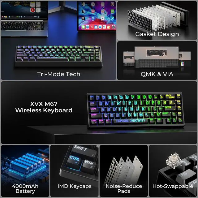 Alt view image 2 of 5 - x XVX M67 Wireless 60% Percent Keyboard, QMK/VIA Topographic Gaming Keyboard, Tri-Mode Thocky Creamy Mechanical Key board, Hot Swappable Gasket Mount RGB IMD Tech for Win/Mac, Miami Theme, Black
