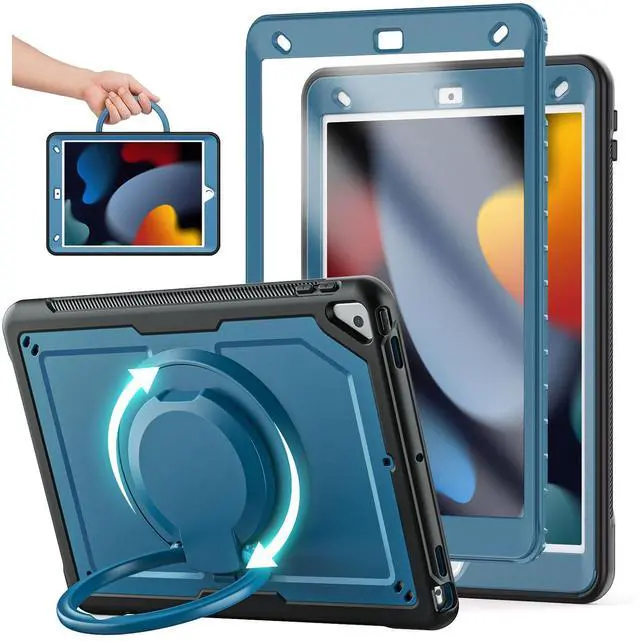 Main image of KAIJIAbox Case for iPad 10.2 Inch 9th/8th/7th Generation 2021/2020/2019,Lightweight Cover,360° Rotating Handle Stand,Adjustable Shoulder Strap&Pencil Holder(Dark Blue)