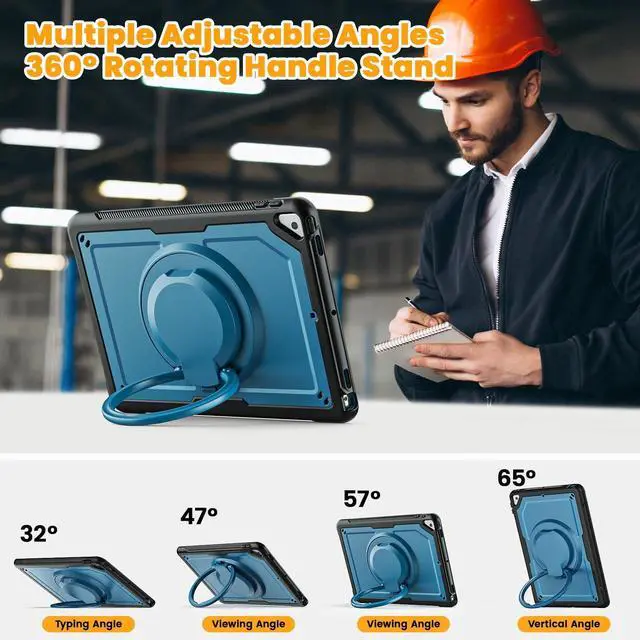 Alt view image 4 of 5 - KAIJIAbox Case for iPad 10.2 Inch 9th/8th/7th Generation 2021/2020/2019,Lightweight Cover,360° Rotating Handle Stand,Adjustable Shoulder Strap&Pencil Holder(Dark Blue)