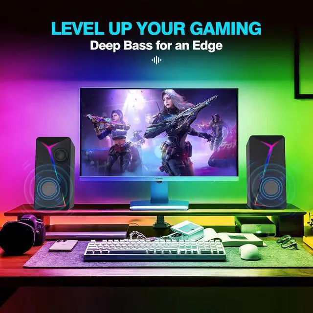 Alt view image 2 of 4 - AYJBKL Computer Speakers for Desktop PC, USB-Powered Gaming Speakers for Laptop  Multi Colorful LED Backlight Modes, Stereo Sound for Gamers Music Movies, Indoor & Outdoor Use, 3.5mm AUX Cable