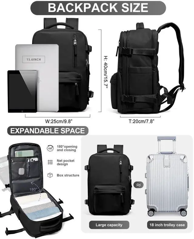 Alt view image 3 of 5 - WONHOX Travel Backpack Women,Carry On Backpack Flight Approved 18x14x8 inches Bag Spirit Airlines Personal ltem,College Sports Hiking Rucksack Waterproof Casual Daypack Laptop Blackpack Men,Black