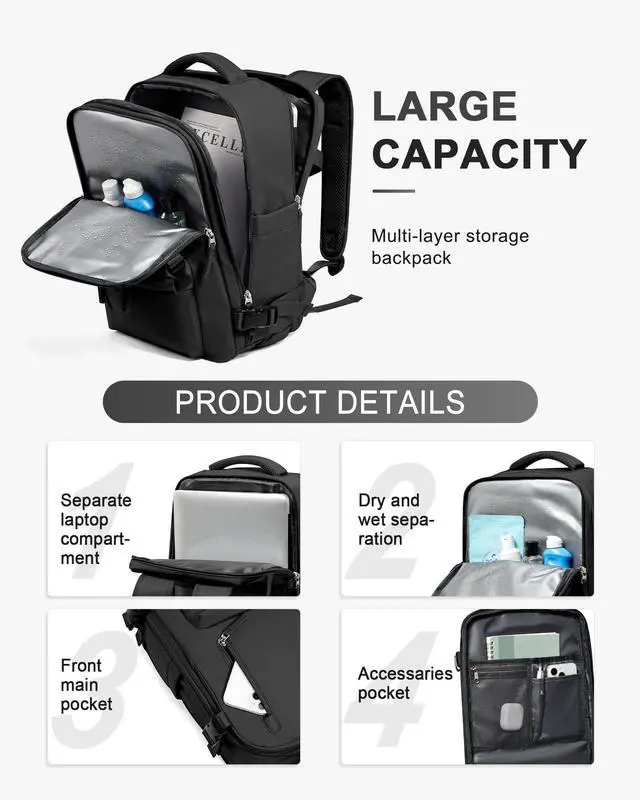 Alt view image 4 of 5 - WONHOX Travel Backpack Women,Carry On Backpack Flight Approved 18x14x8 inches Bag Spirit Airlines Personal ltem,College Sports Hiking Rucksack Waterproof Casual Daypack Laptop Blackpack Men,Black
