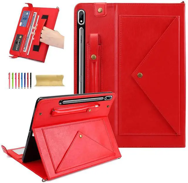 Main image of Dteck Galaxy Tab S10/S9/S8 Ultra Case, PU Leather Folio Stand Protective Cover with S Pen Holder, Card Slots, Shoulder Strap, Wallet Bag, Red