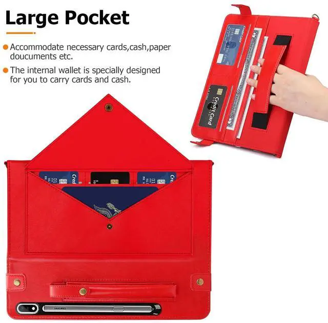Alt view image 2 of 5 - Dteck Galaxy Tab S10/S9/S8 Ultra Case, PU Leather Folio Stand Protective Cover with S Pen Holder, Card Slots, Shoulder Strap, Wallet Bag, Red