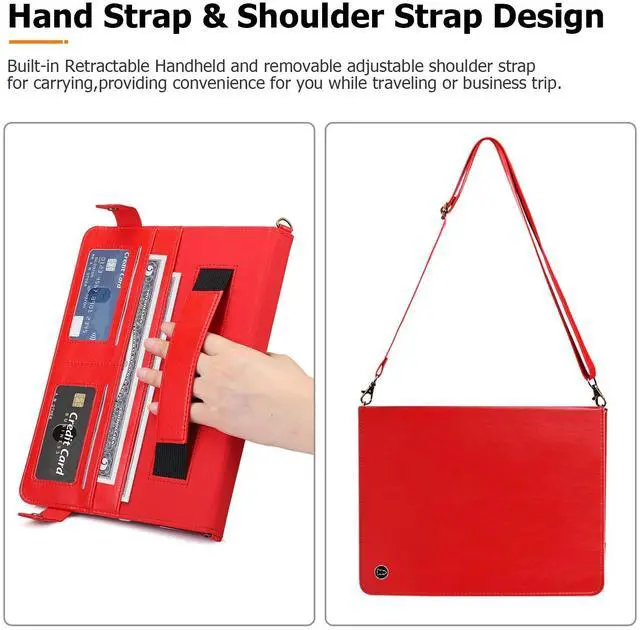 Alt view image 5 of 5 - Dteck Galaxy Tab S10/S9/S8 Ultra Case, PU Leather Folio Stand Protective Cover with S Pen Holder, Card Slots, Shoulder Strap, Wallet Bag, Red