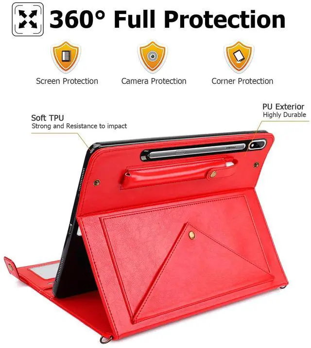 Alt view image 4 of 5 - Dteck Galaxy Tab S10/S9/S8 Ultra Case, PU Leather Folio Stand Protective Cover with S Pen Holder, Card Slots, Shoulder Strap, Wallet Bag, Red
