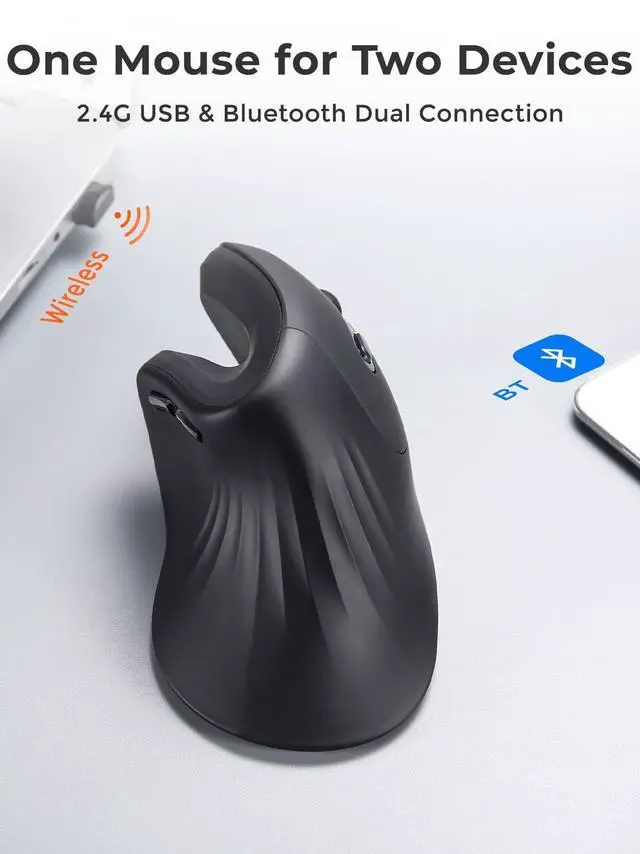 Alt view image 4 of 5 - DAREU Ergonomic Vertical Wireless Mouse, 2.4GHz / BT Optical Vertical Mice with Ergo Design for Comfort and Reduced Wrist Strain, Silent Mouse with 6 Buttons, Computer Mice for Laptop, Desktop, PC