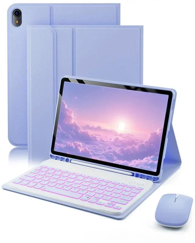Main image of TUNKARMOR for iPad A16 11th / 10th Generation Case with Backlit Keyboard - 7 Color Change for iPad 10th Gen 2022 & 11th Gen 2025 A16 10.9/11 inch Cover - Built-in Pencil Holder with Mouse - Purple