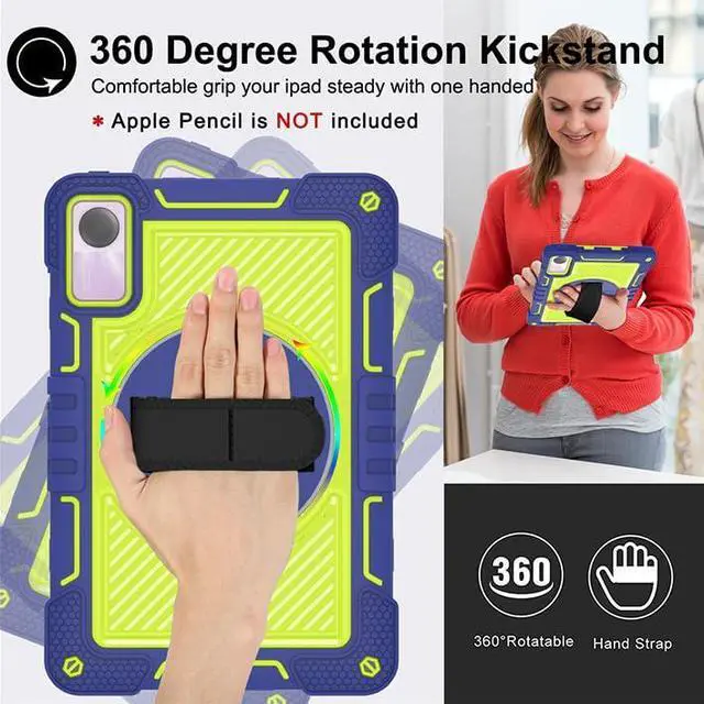Alt view image 2 of 5 - YOUULAR Tablet Case for Xiaomi Redmi Pad SE 11.0 inches, Tablet Shockproof Cover with 360° Rotating Stand and Wrist Strap, Shoulder Strap Navy Blue+Yellow Green