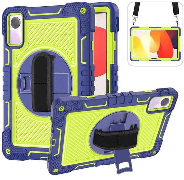 Main image of YOUULAR Tablet Case for Xiaomi Redmi Pad SE 11.0 inches, Tablet Shockproof Cover with 360° Rotating Stand and Wrist Strap, Shoulder Strap Navy Blue+Yellow Green