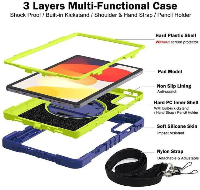 Alt view image 3 of 5 - YOUULAR Tablet Case for Xiaomi Redmi Pad SE 11.0 inches, Tablet Shockproof Cover with 360° Rotating Stand and Wrist Strap, Shoulder Strap Navy Blue+Yellow Green