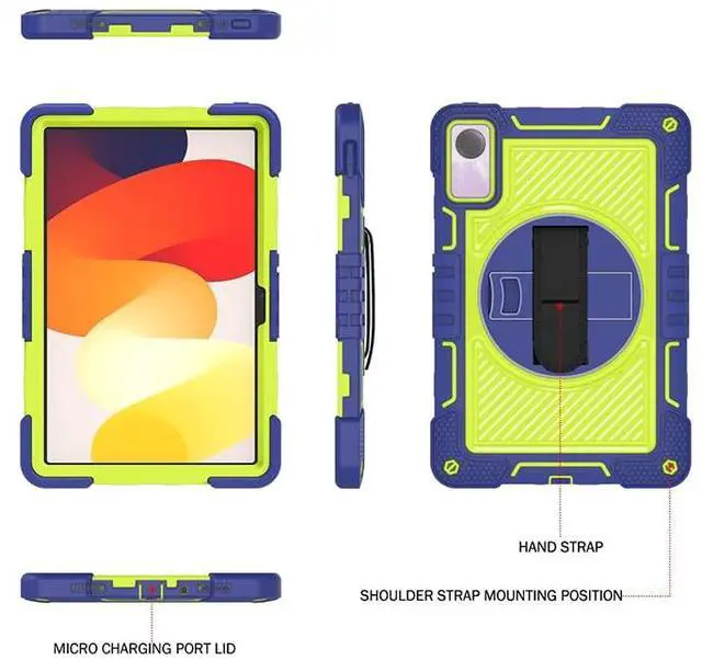 Alt view image 4 of 5 - YOUULAR Tablet Case for Xiaomi Redmi Pad SE 11.0 inches, Tablet Shockproof Cover with 360° Rotating Stand and Wrist Strap, Shoulder Strap Navy Blue+Yellow Green
