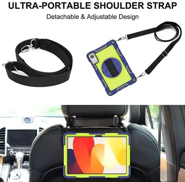Alt view image 5 of 5 - YOUULAR Tablet Case for Xiaomi Redmi Pad SE 11.0 inches, Tablet Shockproof Cover with 360° Rotating Stand and Wrist Strap, Shoulder Strap Navy Blue+Yellow Green