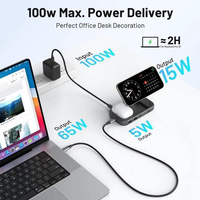 Alt view image 5 of 5 - Selore USB C Hub with Wireless Charging for MacBook: 4K@60Hz HDMI, 100W PD, 15W Qi2 + 5W Wireless, 10Gbps Ports, iPhone Mirroring Docking Station & Magsafe Stand, Space-Saving Desk Organizer(Black)