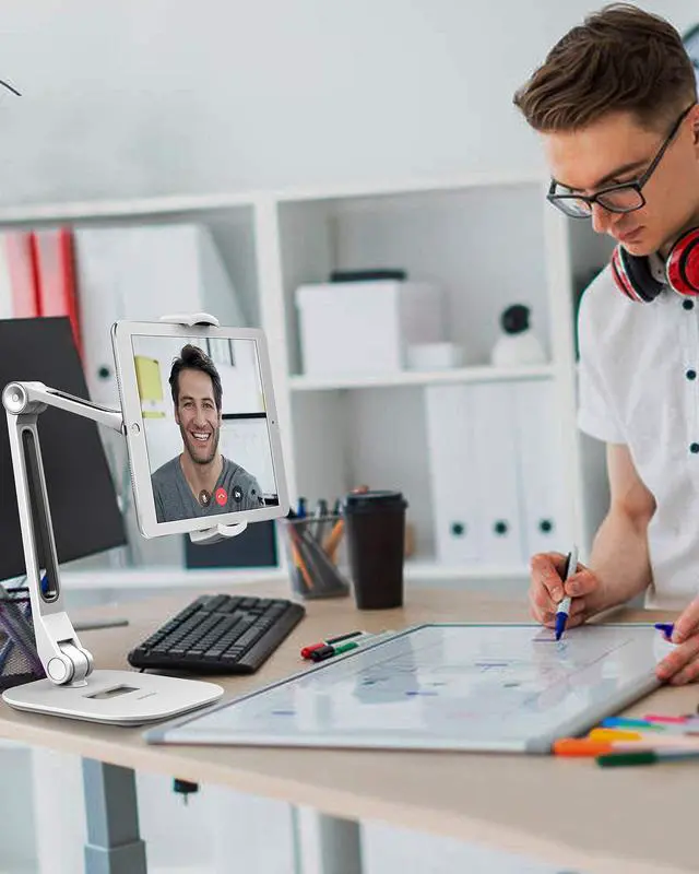 Alt view image 2 of 5 - AboveTEK Long Arm Aluminum Tablet Stand, Folding iPad Stand with 360° Swivel iPhone Clamp Mount Holder, Fits 4-11" Display Tablet/Phones for Kitchen Table Bedside Office POS Kiosk Reception