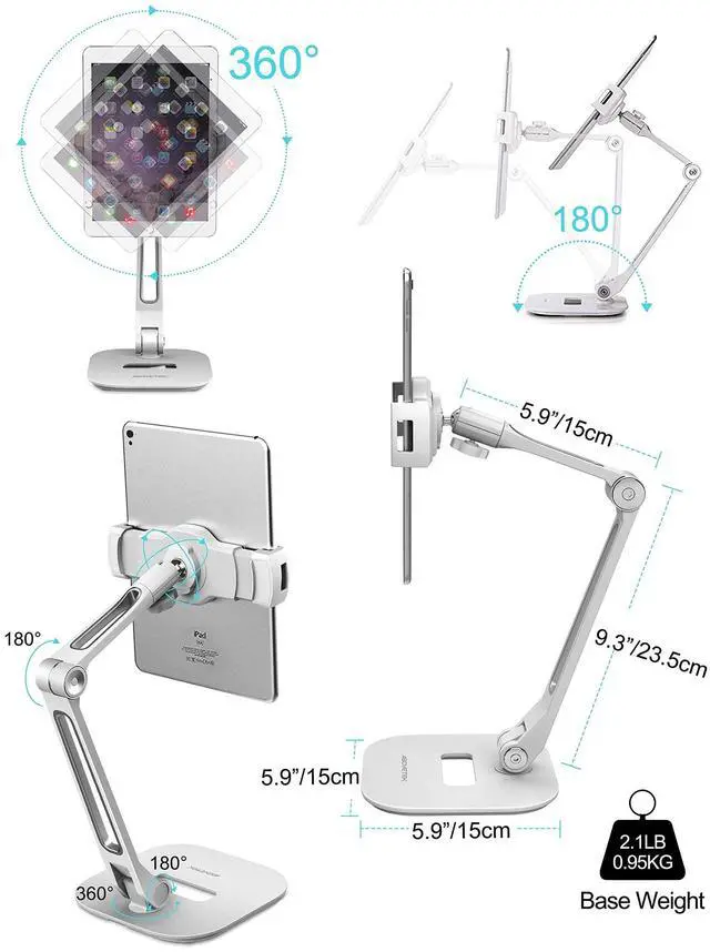 Alt view image 4 of 5 - AboveTEK Long Arm Aluminum Tablet Stand, Folding iPad Stand with 360° Swivel iPhone Clamp Mount Holder, Fits 4-11" Display Tablet/Phones for Kitchen Table Bedside Office POS Kiosk Reception