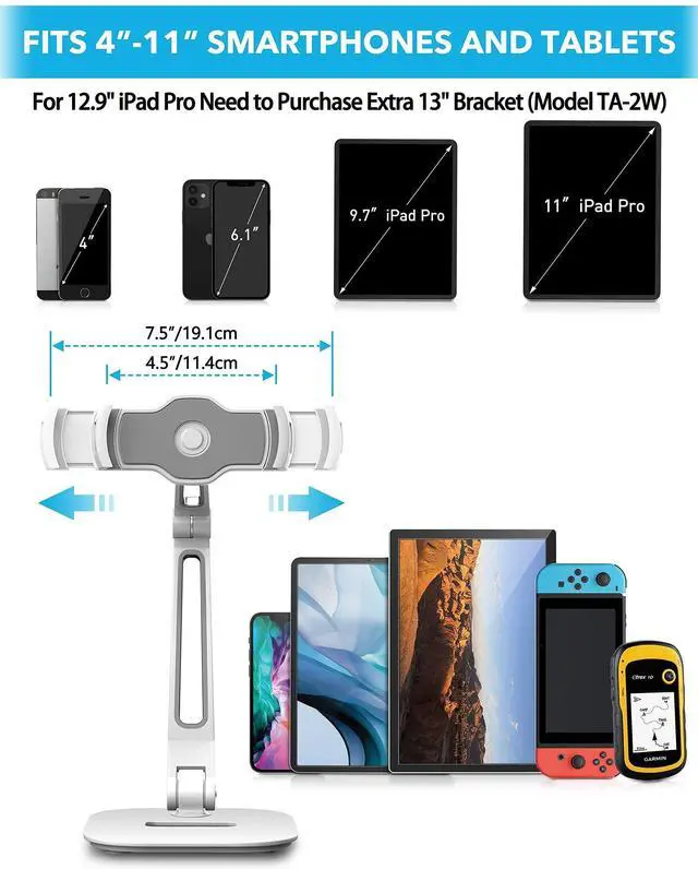 Alt view image 5 of 5 - AboveTEK Long Arm Aluminum Tablet Stand, Folding iPad Stand with 360° Swivel iPhone Clamp Mount Holder, Fits 4-11" Display Tablet/Phones for Kitchen Table Bedside Office POS Kiosk Reception