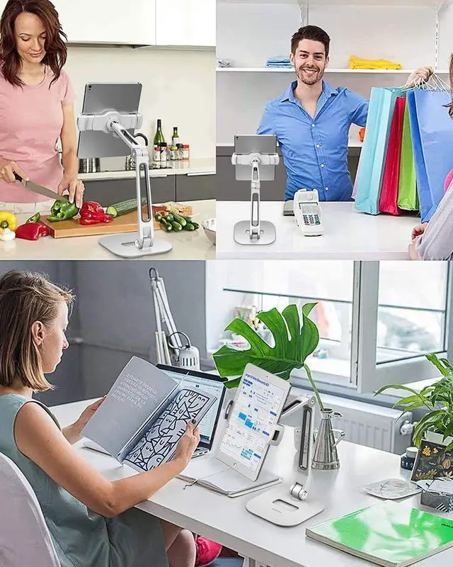 Alt view image 3 of 5 - AboveTEK Long Arm Aluminum Tablet Stand, Folding iPad Stand with 360° Swivel iPhone Clamp Mount Holder, Fits 4-11" Display Tablet/Phones for Kitchen Table Bedside Office POS Kiosk Reception
