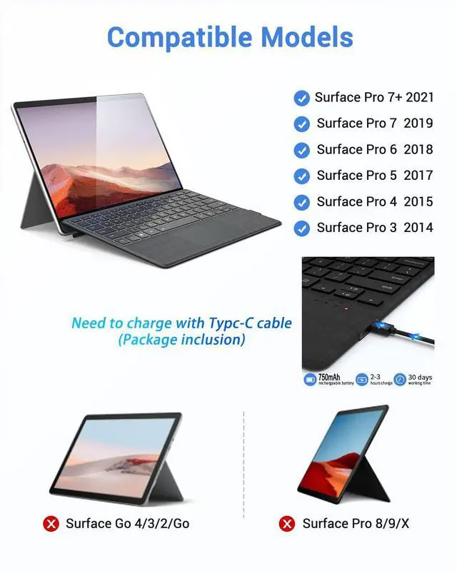 Alt view image 2 of 5 - Surface Pro Keyboard, Magnetic Wireless Type Cover for Microsoft Surface Pro 7/6/5/4/3/7+, 7 Color Backlit Bluetooth 5.3 Ultra Slim Portable Keyboard with Trackpad Gray