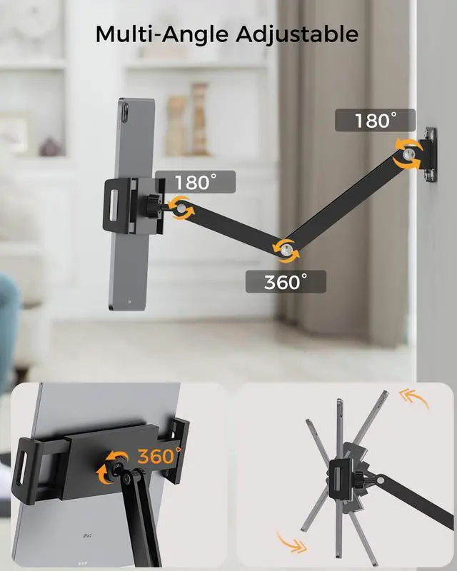 Alt view image 4 of 5 - Tablet Wall Mount Holder for iPad, 360° Adjustable Portable Monitor Stand, Foldable Extendable Long Arm Wall Mount for iPad Pro Air 13/11/12.9, iPad 10/9th, Samsung Galaxy Tab, 7-15.6'' Tablet, Phone