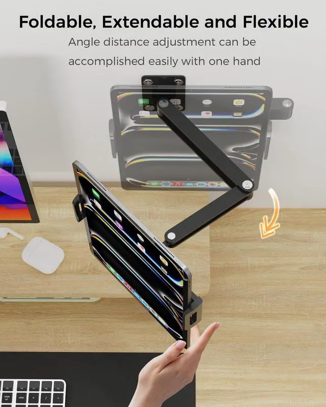 Alt view image 3 of 5 - Tablet Wall Mount Holder for iPad, 360° Adjustable Portable Monitor Stand, Foldable Extendable Long Arm Wall Mount for iPad Pro Air 13/11/12.9, iPad 10/9th, Samsung Galaxy Tab, 7-15.6'' Tablet, Phone