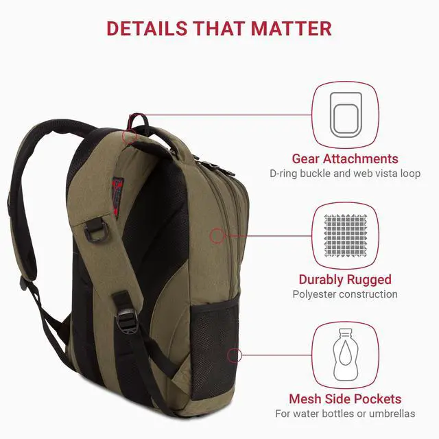 Alt view image 3 of 5 - SwissGear Cecil 5505 Laptop Backpack, Olive, 18-Inch