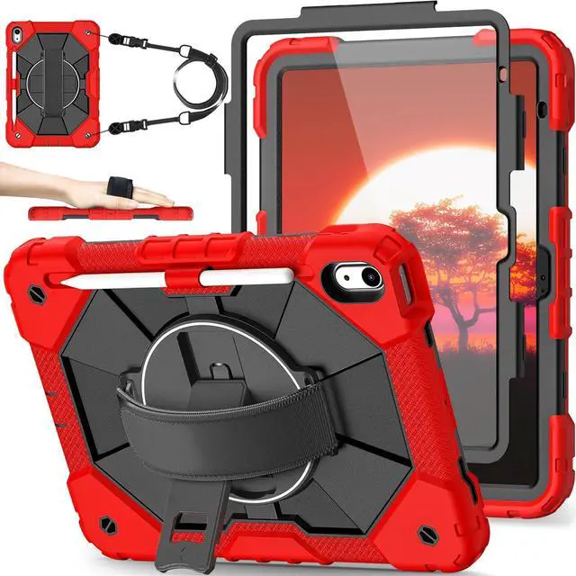 Main image of Nitupai Case for iPad 10th Generation 10.9 Inch 2022 / iPad A16 Case 11 Inch 2025 with Screen Protector 10th Gen Cover for Kids Pencil Holder 360° Rotating Stand Shoulder Strap, Red Black