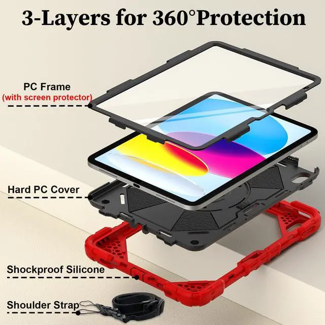 Alt view image 3 of 5 - Nitupai Case for iPad 10th Generation 10.9 Inch 2022 / iPad A16 Case 11 Inch 2025 with Screen Protector 10th Gen Cover for Kids Pencil Holder 360° Rotating Stand Shoulder Strap, Red Black