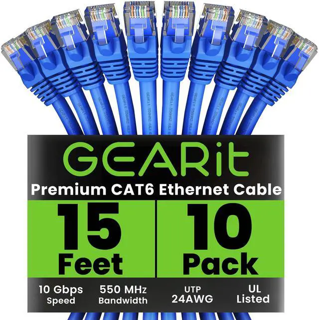 Main image of GearIT Cat 6 Ethernet Cable (10-Pack 15 Feet) Cat6 Network Patch, 10Gbps, RJ45, Snagless Cord, Gold-Plated Connectors, Internet for PC, TV, Tablet, Router, Printer, Servers, IT Data Center - Blue