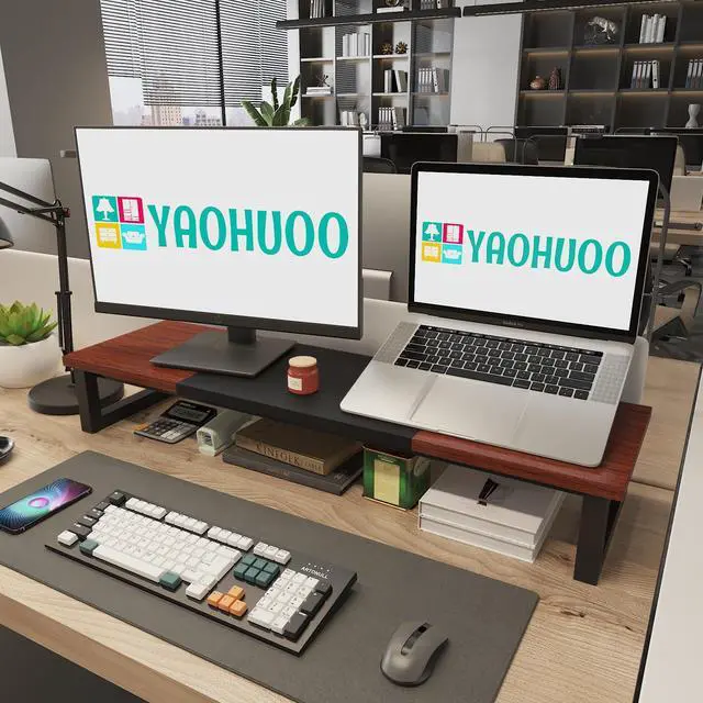 Alt view image 3 of 5 - YAOHUOO Dual Monitor Stand Riser, 39Inch Large Monitor Stands for 2 Monitors, Computer Monitor Stand, Wooden Desktop Oraganizer Shelf for Office Desk Computer,Laptop,TV