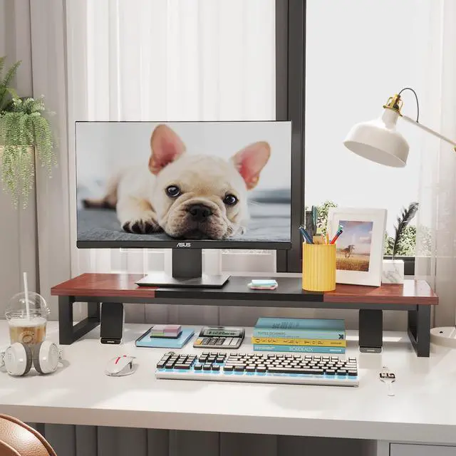 Alt view image 4 of 5 - YAOHUOO Dual Monitor Stand Riser, 39Inch Large Monitor Stands for 2 Monitors, Computer Monitor Stand, Wooden Desktop Oraganizer Shelf for Office Desk Computer,Laptop,TV