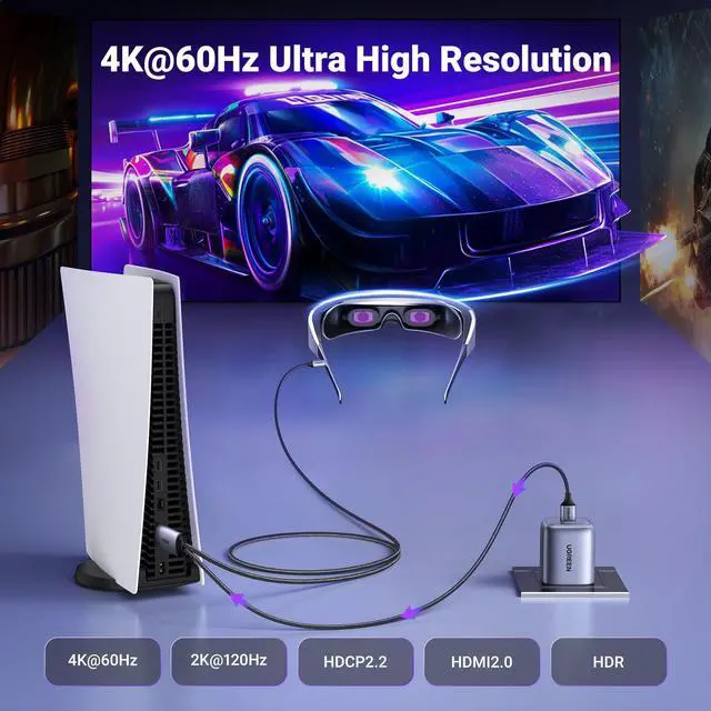 Alt view image 3 of 5 - UGREEN Active HDMI to USB C Adapter Cable with USB Power 4K@60Hz Unidirectional HDMI to Thunderbolt 6.6FT Compatible Switch, PS5, SteamDeck, Laptop to USB-C Portable Monitor, AR/XR Headset