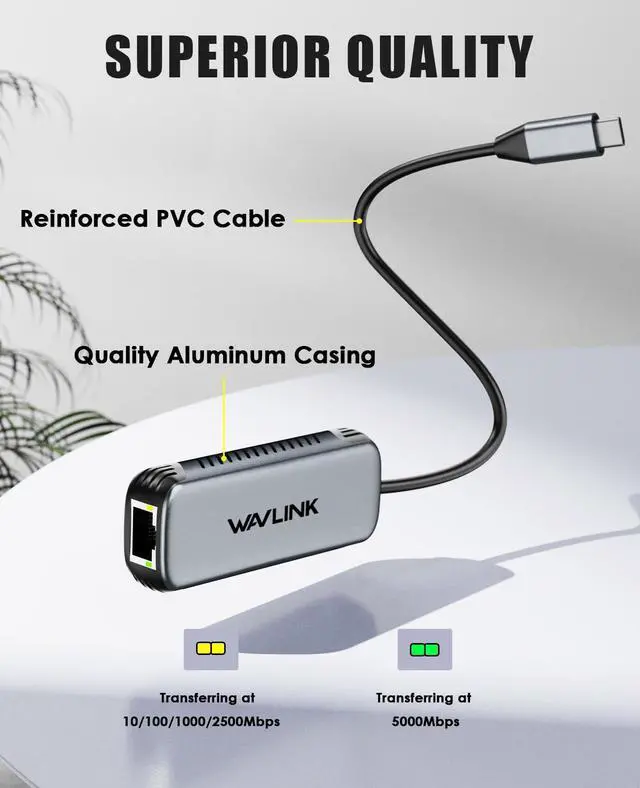 Alt view image 2 of 5 - WAVLINK 5Gbps USB C to Ethernet Adapter, 5000Mbps USB-C to RJ45 Network Converter, Aluminum Case for Windows, Mac OS, iPad OS and More, RTL8157 Chipset, (5Gbps Need Type-C > 3.2)