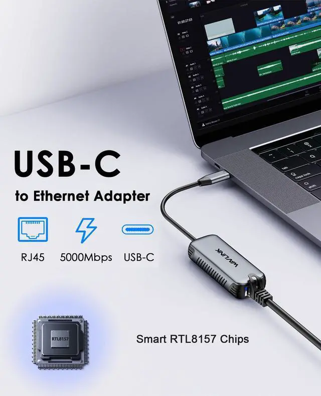 Alt view image 3 of 5 - WAVLINK 5Gbps USB C to Ethernet Adapter, 5000Mbps USB-C to RJ45 Network Converter, Aluminum Case for Windows, Mac OS, iPad OS and More, RTL8157 Chipset, (5Gbps Need Type-C > 3.2)