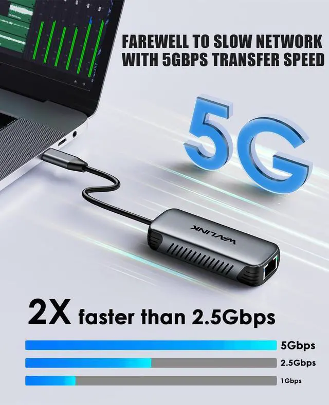Alt view image 4 of 5 - WAVLINK 5Gbps USB C to Ethernet Adapter, 5000Mbps USB-C to RJ45 Network Converter, Aluminum Case for Windows, Mac OS, iPad OS and More, RTL8157 Chipset, (5Gbps Need Type-C > 3.2)
