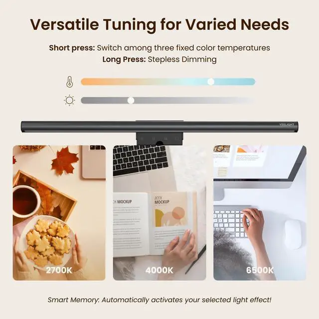 Alt view image 4 of 5 - YEELIGHT Monitor Light Bar, Computer Monitor Lamp, 250LM No Glare Eye-Care LED Screen Bar, Touch Control USB Reading Desk Lamp for Home Office Work, Stepless Dimming Adjustable Color Temperature