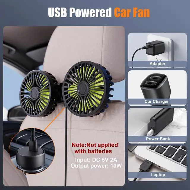 Alt view image 2 of 5 - Hayousui USB Car Cooling Fans for Backseat: Dual Head Car Fan for Kids 3 Speeds 360° Rotatable Vehicle Rear Headrest Fans 5V Powerful Electric Air Circulation Fan for Sedan SUV RV Truck (USB Plug)