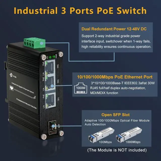 Alt view image 2 of 5 - Throncom Industrial Gigabit 3 Ports PoE Ethernet Switch PoE+ Fiber Switch with 100/1000M Adaptive SFP Slot Din Rail Unmanaged 10/100/1000Mbps Network Switch IEEE802.3af/at 30W/Port Max 90W 12-48V DC