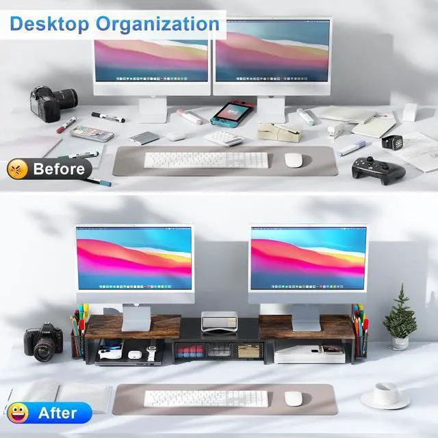 Alt view image 2 of 5 - gianotter Dual Monitor Stand Riser, Desk Organizer With Drawer and 2 Pen Holders,Computer Monitor Stand, Desk Shelf for Top of Desk, Wood