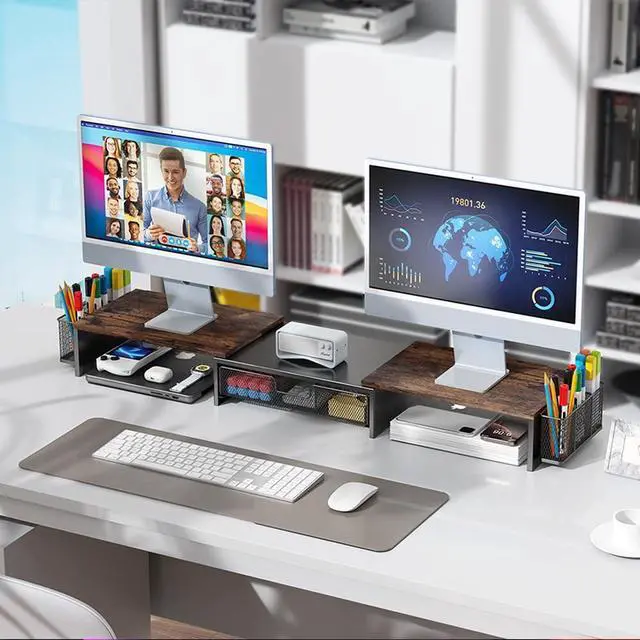 Alt view image 4 of 5 - gianotter Dual Monitor Stand Riser, Desk Organizer With Drawer and 2 Pen Holders,Computer Monitor Stand, Desk Shelf for Top of Desk, Wood