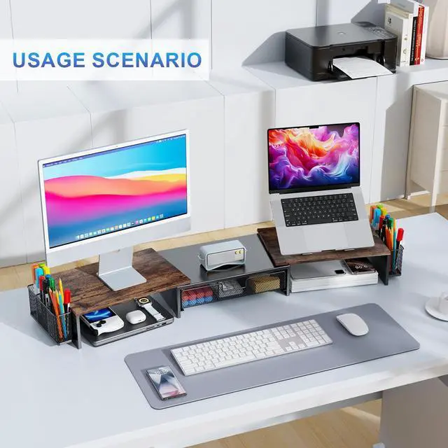 Alt view image 3 of 5 - gianotter Dual Monitor Stand Riser, Desk Organizer With Drawer and 2 Pen Holders,Computer Monitor Stand, Desk Shelf for Top of Desk, Wood