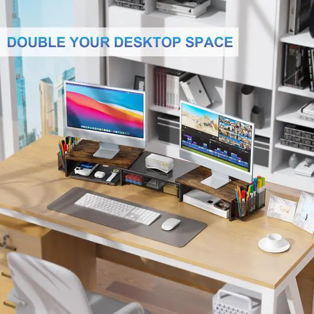 Alt view image 5 of 5 - gianotter Dual Monitor Stand Riser, Desk Organizer With Drawer and 2 Pen Holders,Computer Monitor Stand, Desk Shelf for Top of Desk, Wood