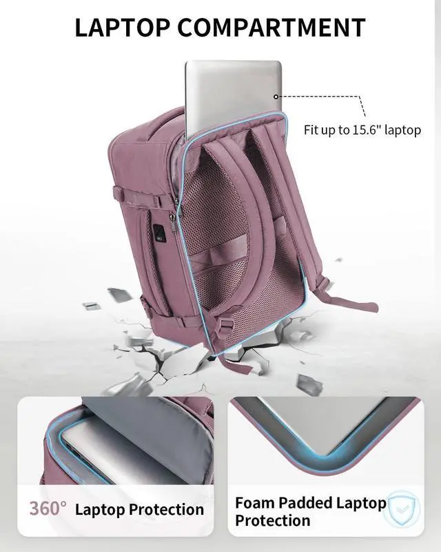 Alt view image 3 of 5 - ECOHUB Travel Backpack for Women, Carry on Backpack with USB Charging Hole, Spirit Airlines Personal Item Bag Flight Approved, 15.6 Inch Laptop Backpack with Anti Theft Pockets, 30L, Pink