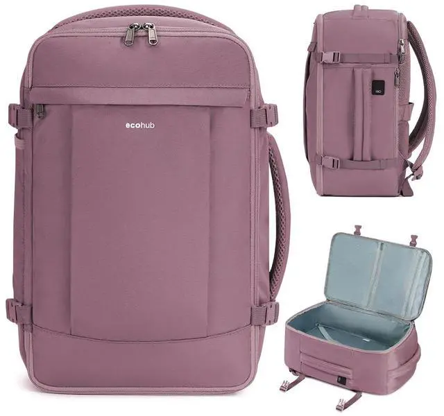 Main image of ECOHUB Travel Backpack for Women, Carry on Backpack with USB Charging Hole, Spirit Airlines Personal Item Bag Flight Approved, 15.6 Inch Laptop Backpack with Anti Theft Pockets, 30L, Pink