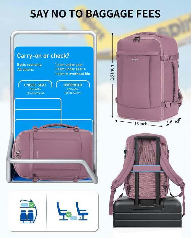 Alt view image 2 of 5 - ECOHUB Travel Backpack for Women, Carry on Backpack with USB Charging Hole, Spirit Airlines Personal Item Bag Flight Approved, 15.6 Inch Laptop Backpack with Anti Theft Pockets, 30L, Pink