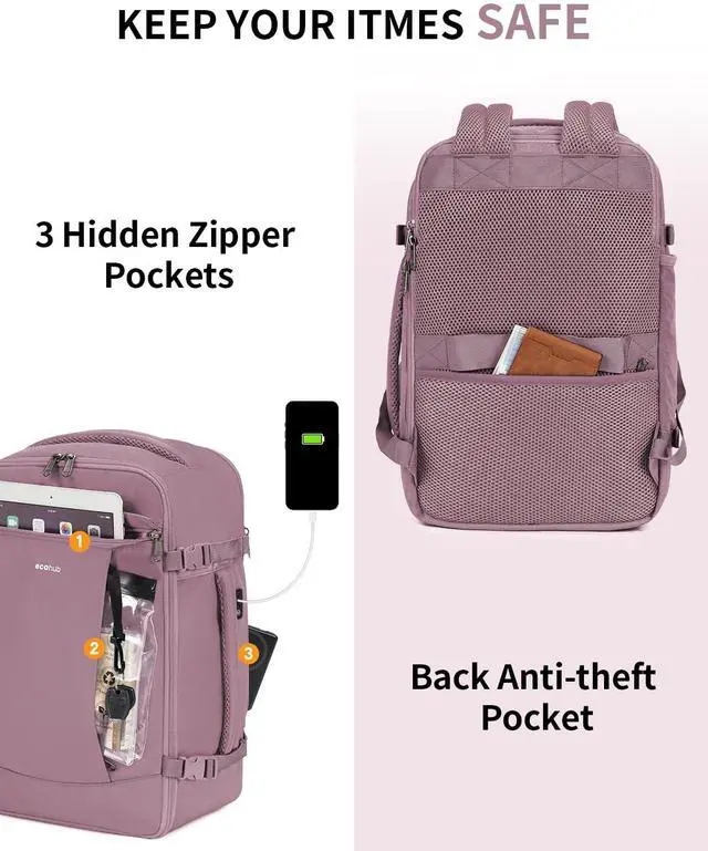 Alt view image 4 of 5 - ECOHUB Travel Backpack for Women, Carry on Backpack with USB Charging Hole, Spirit Airlines Personal Item Bag Flight Approved, 15.6 Inch Laptop Backpack with Anti Theft Pockets, 30L, Pink